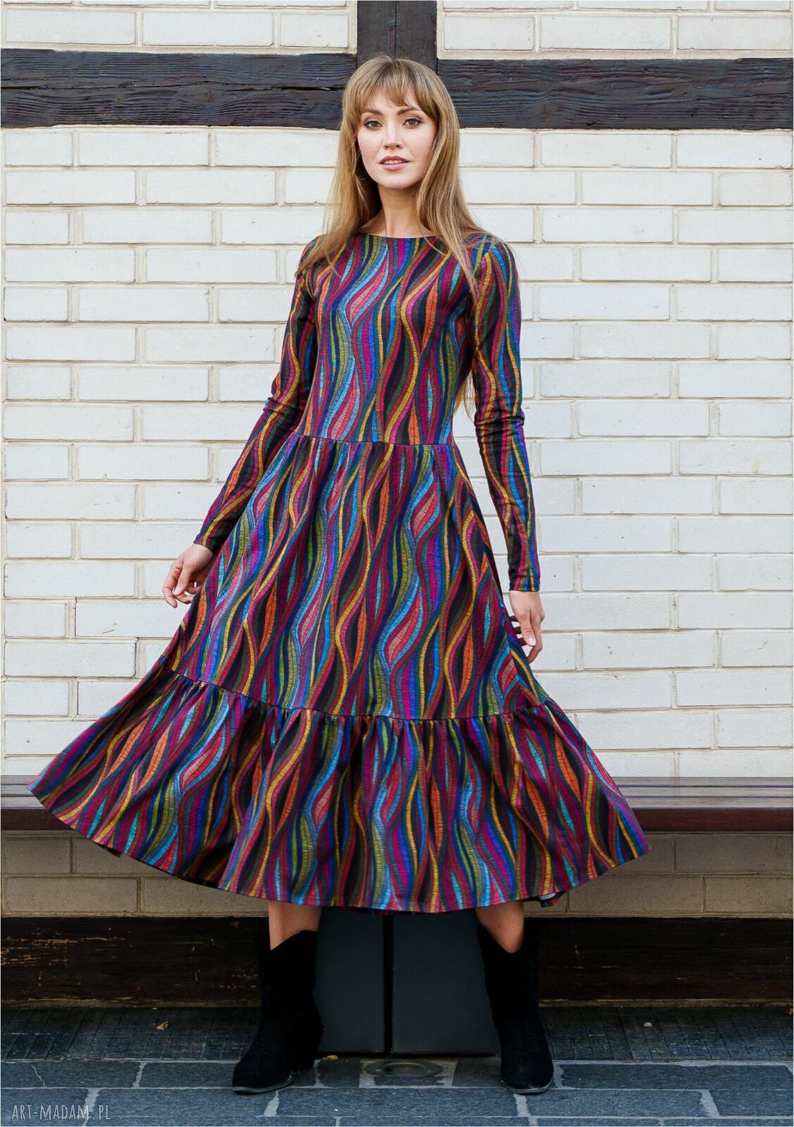 Sukienka z falbaną WENUS - rozkloszowana bawełna cotton print