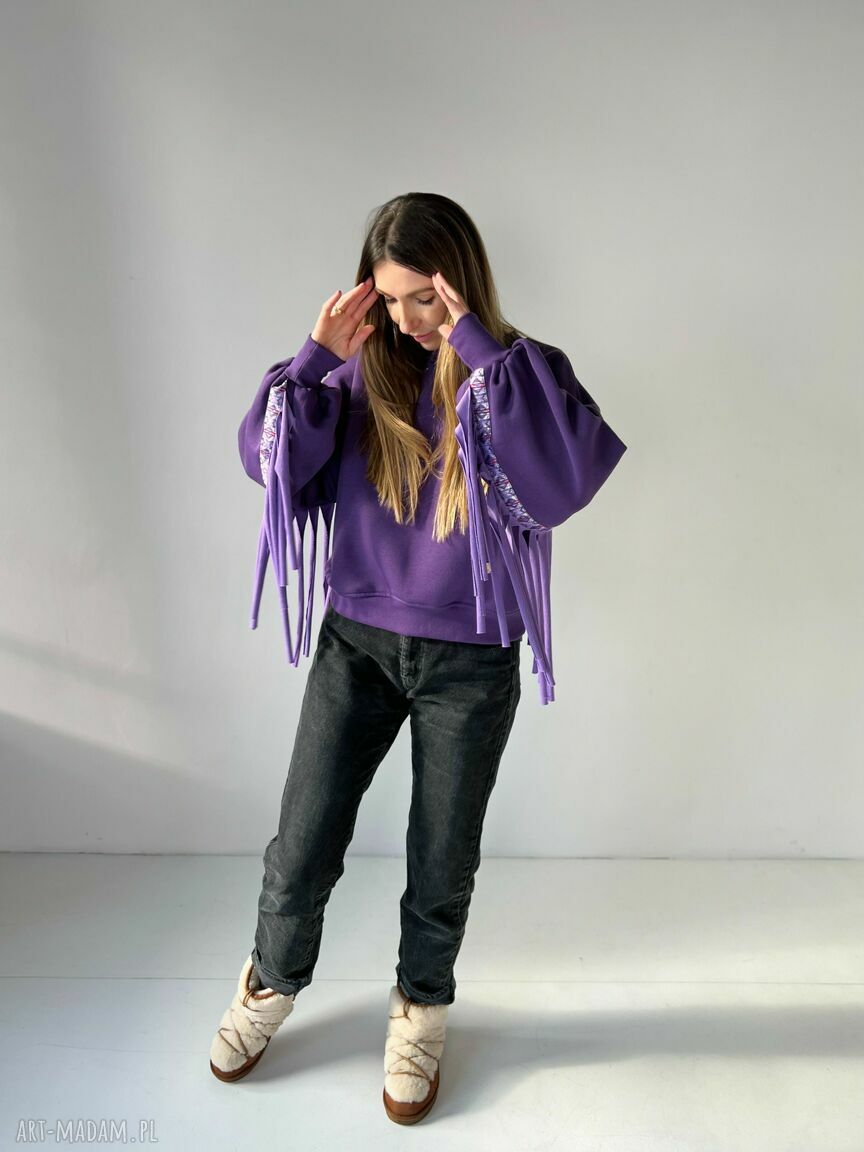Fioletowa bluza boho z frędzlami Winter Wonderland - oversize