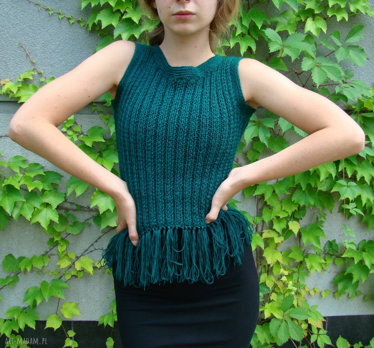 Bluzka z frędzlami - butelkowa zieleń (handmade, rozmiar S)