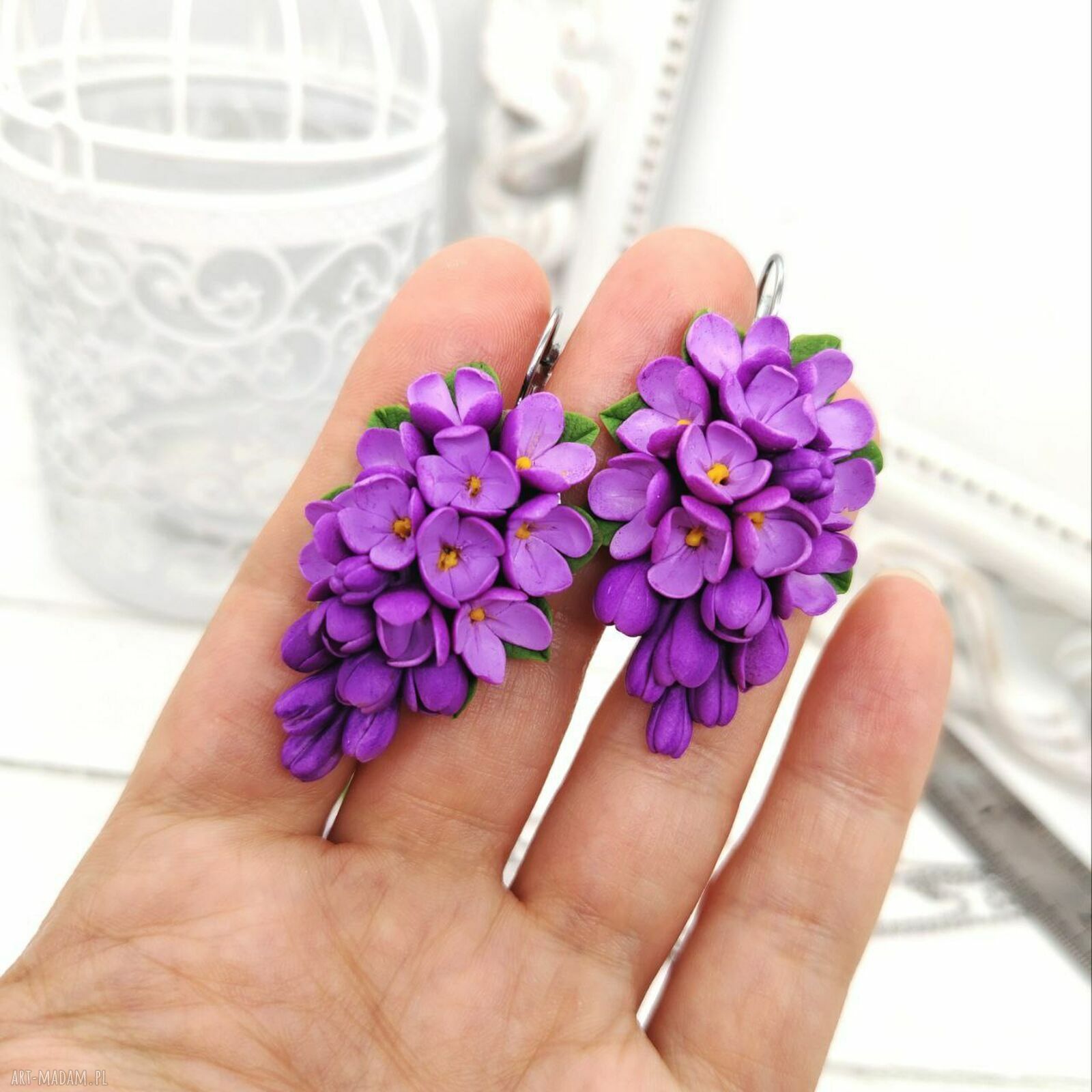 Bez liliowy komplet z gałązką bzu - naszyjnik i kolczyki handmade na prezent