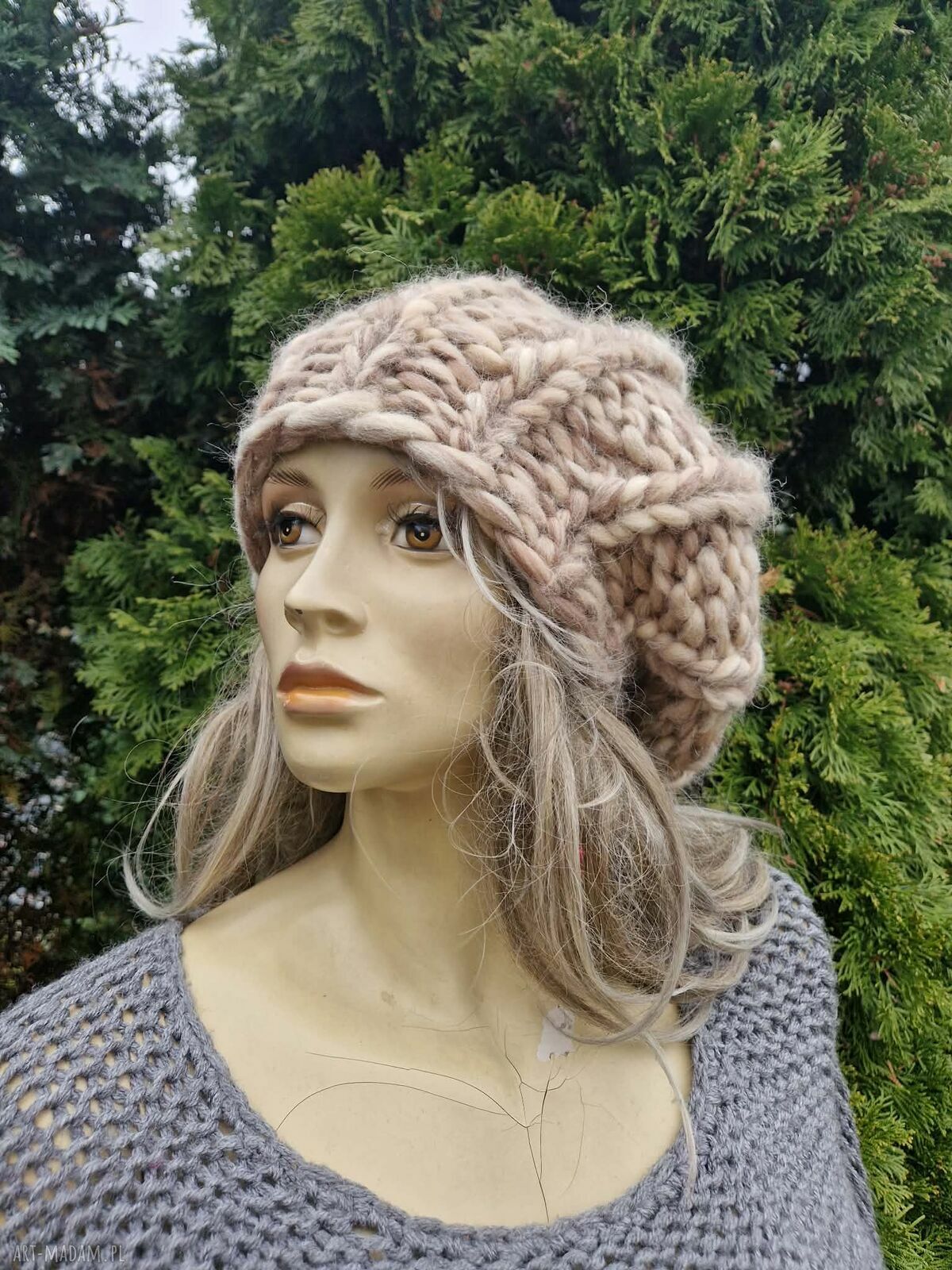Beret z grubej wełny merynosa - ręcznie robiony damski oversize (100% merino)