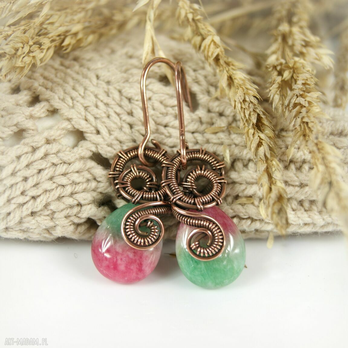 Kolczyki z jadeitem arbuzowym - miedziane wire wrapping