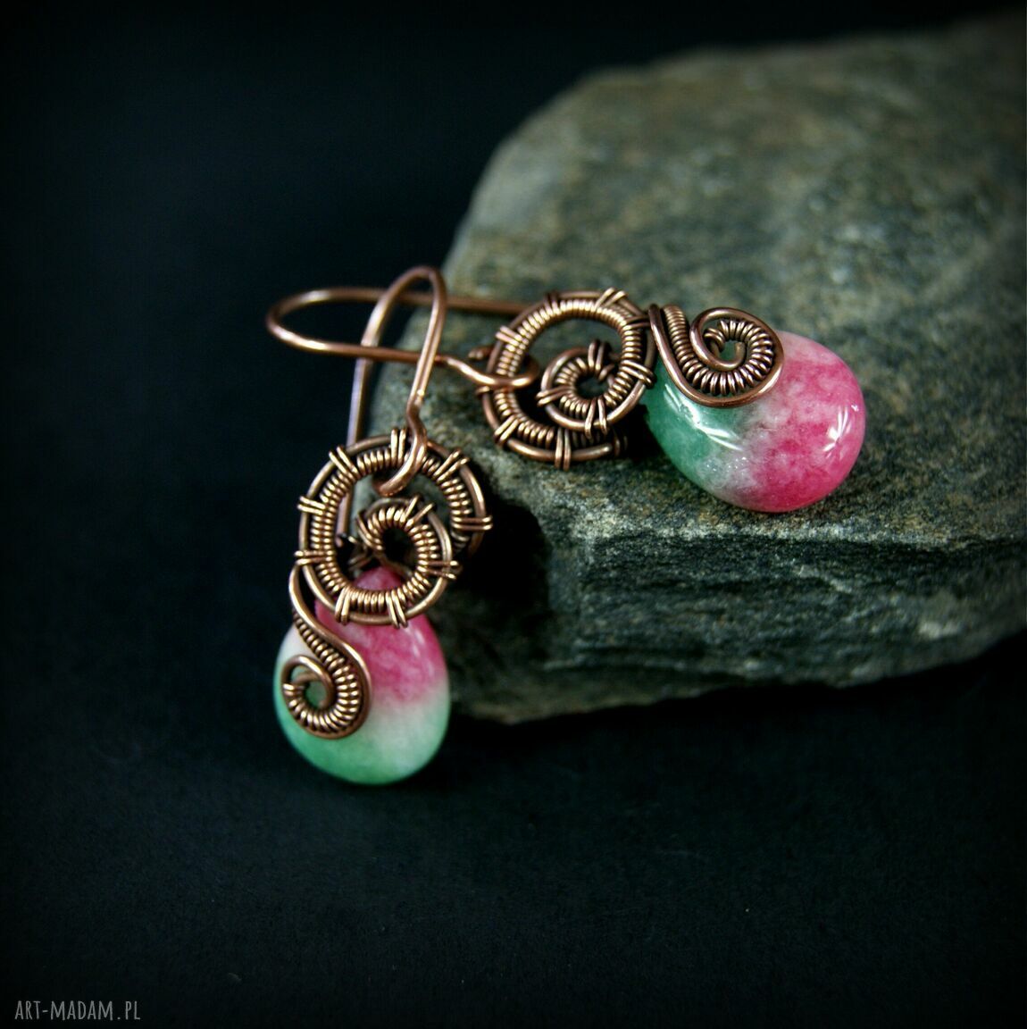 Kolczyki z jadeitem arbuzowym - miedziane wire wrapping
