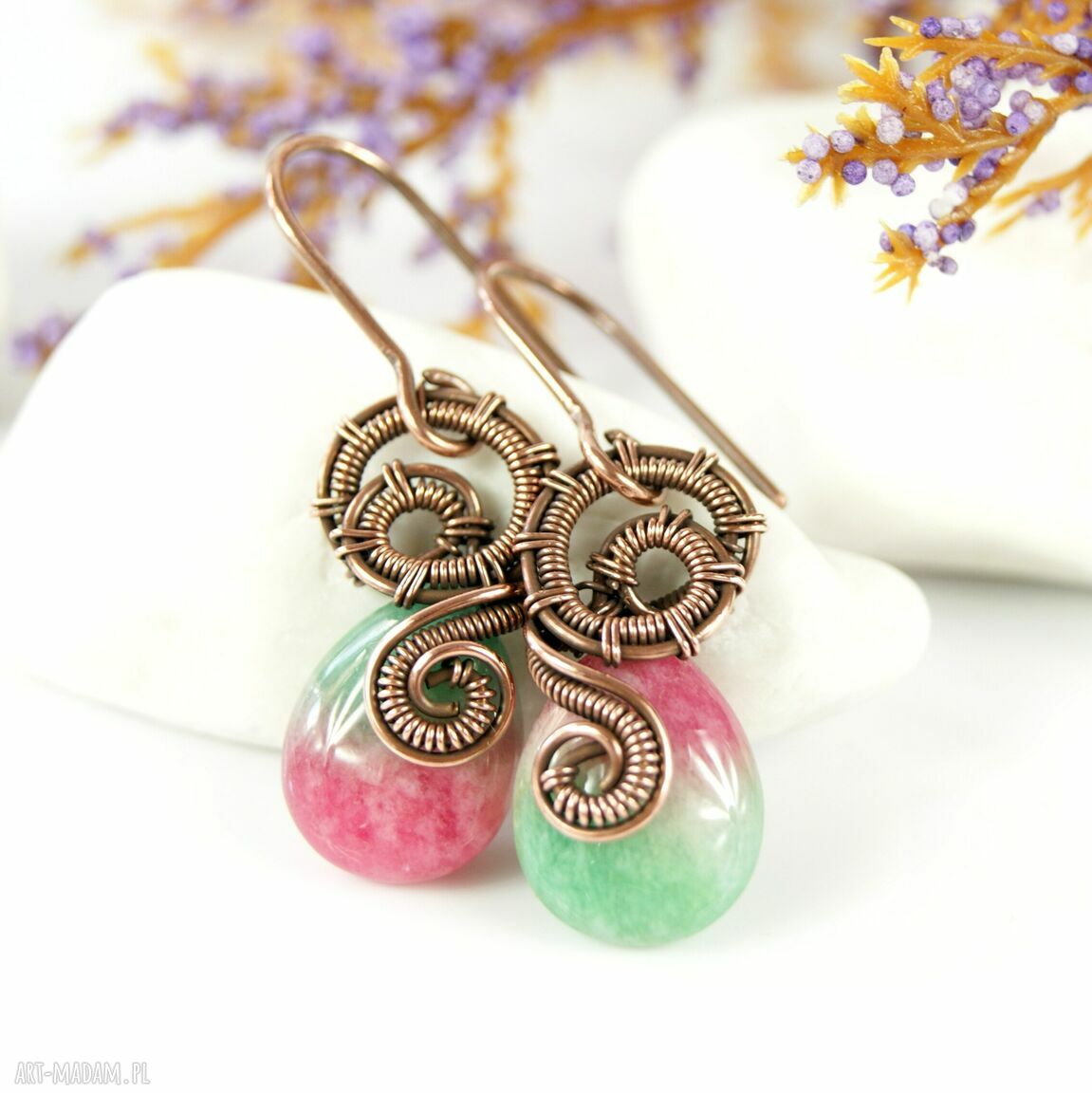 Kolczyki z jadeitem arbuzowym - miedziane wire wrapping