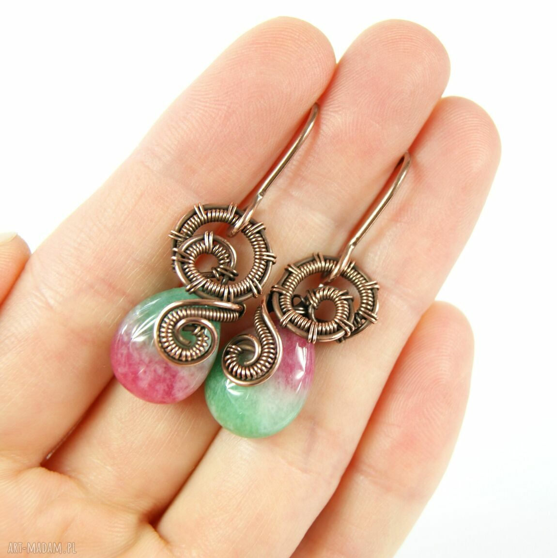 Kolczyki z jadeitem arbuzowym - miedziane wire wrapping