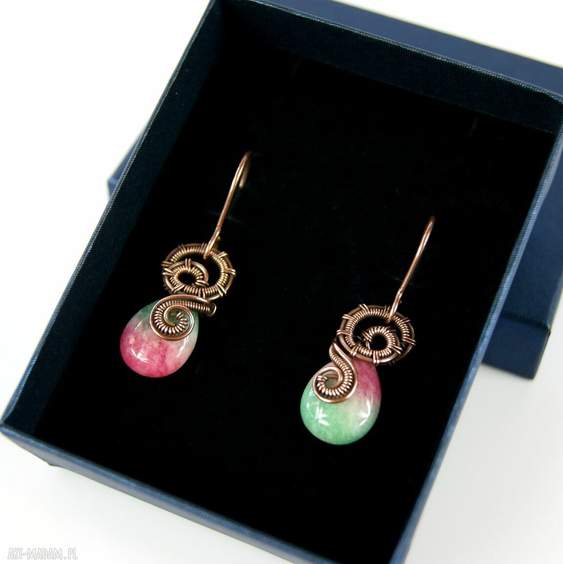 Kolczyki z jadeitem arbuzowym - miedziane wire wrapping