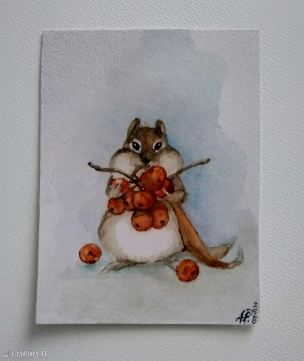 Chomik z jarzębiną - akwarela (10,5x14 cm)