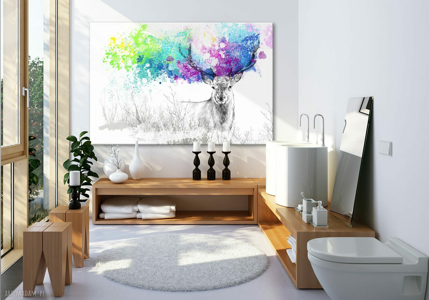 Obraz z jeleniem w kolorowe, barwne plamy - wydruk na płótnie 120x80 cm