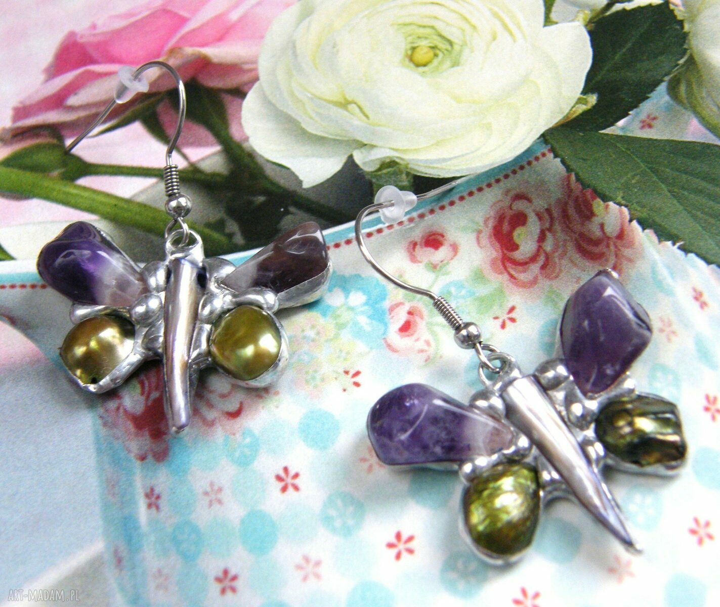 Kolczyki Ametystowe Motylki wiszące handmade w technice Tiffany