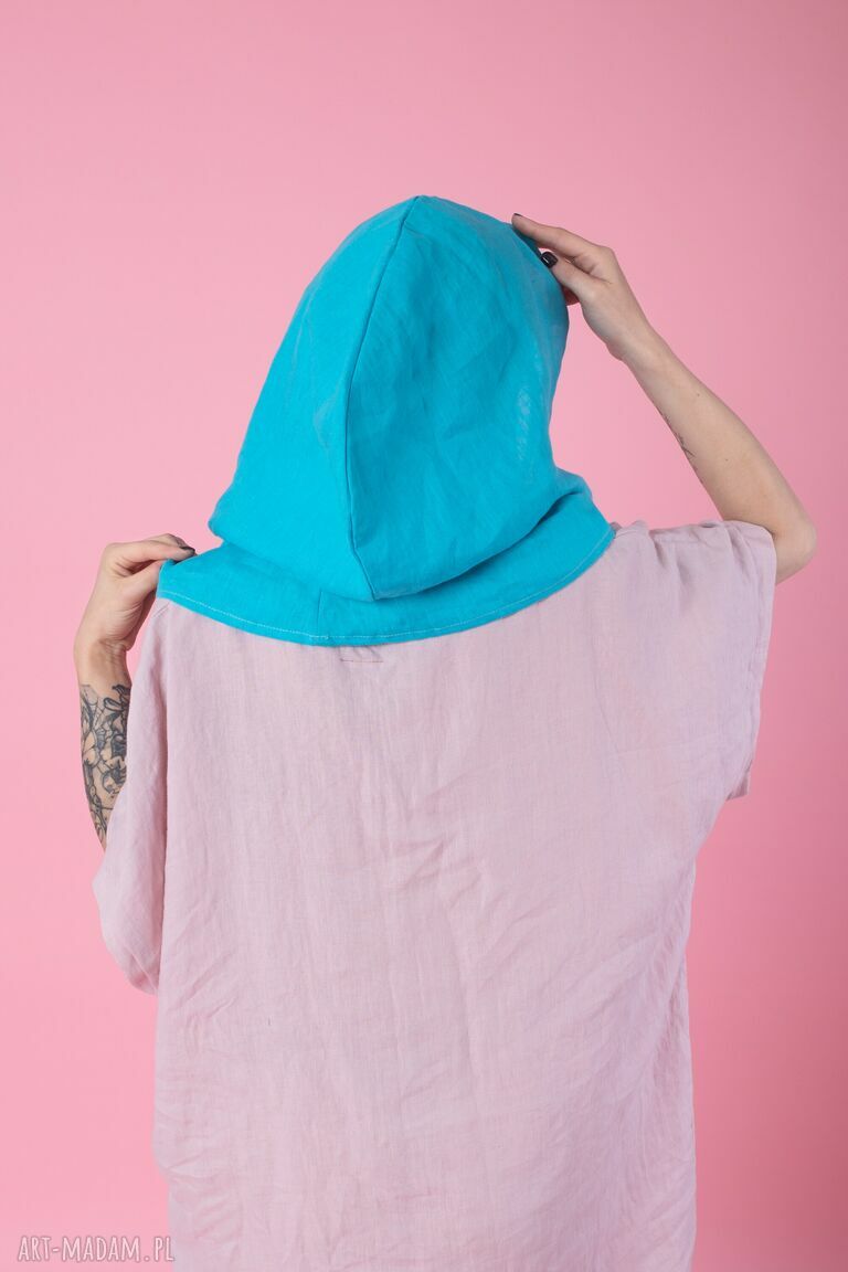 Lniany szal z kapturem (komin) z 100% lnu - turkusowy handmade