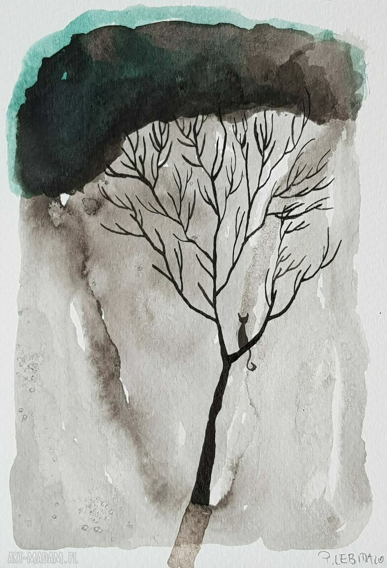 Drzewo z kotem - akwarela na papierze 12,5 x 18 cm