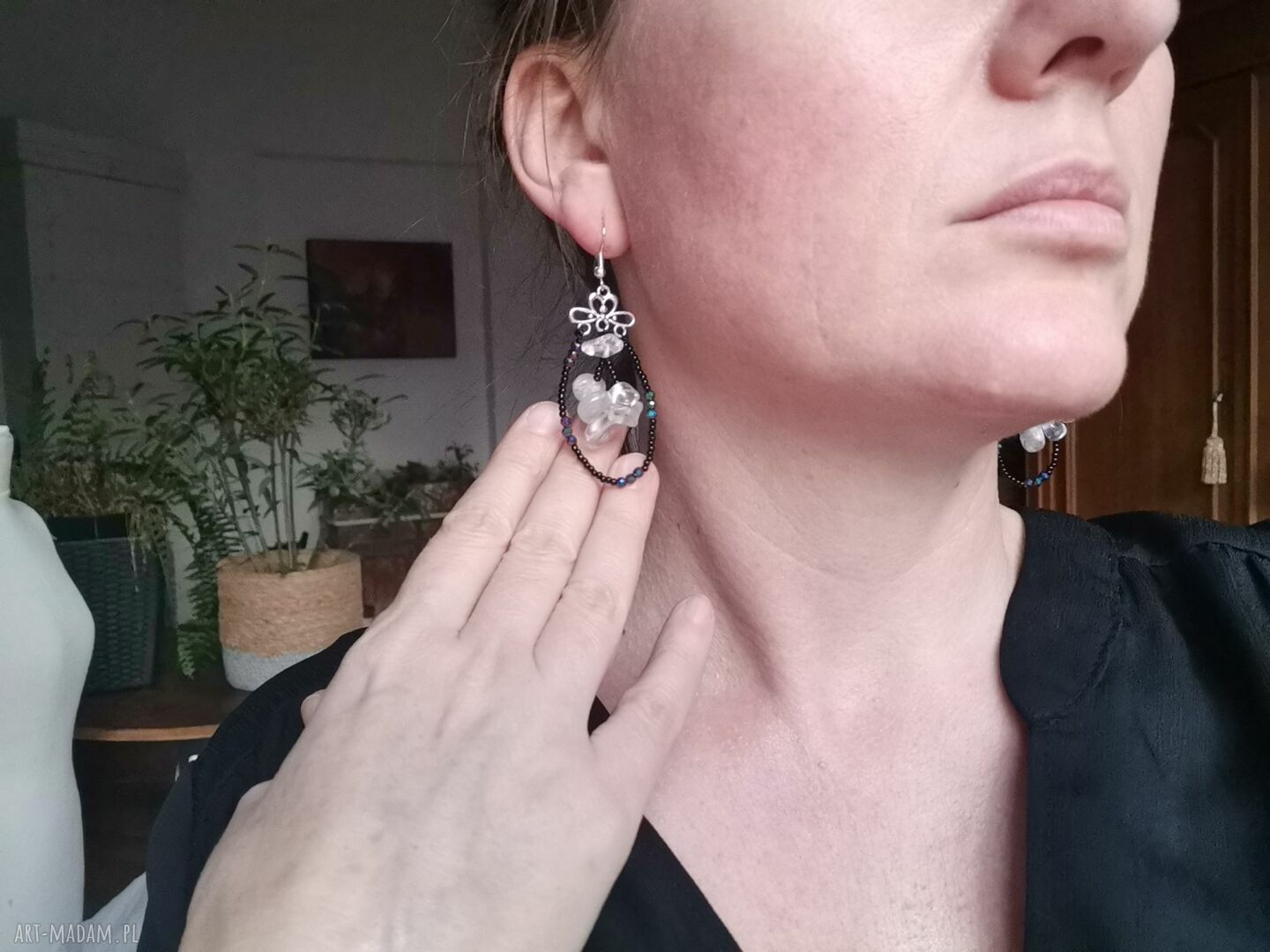 Kolczyki z kryształem górskim - Ruda Klara - etno boho