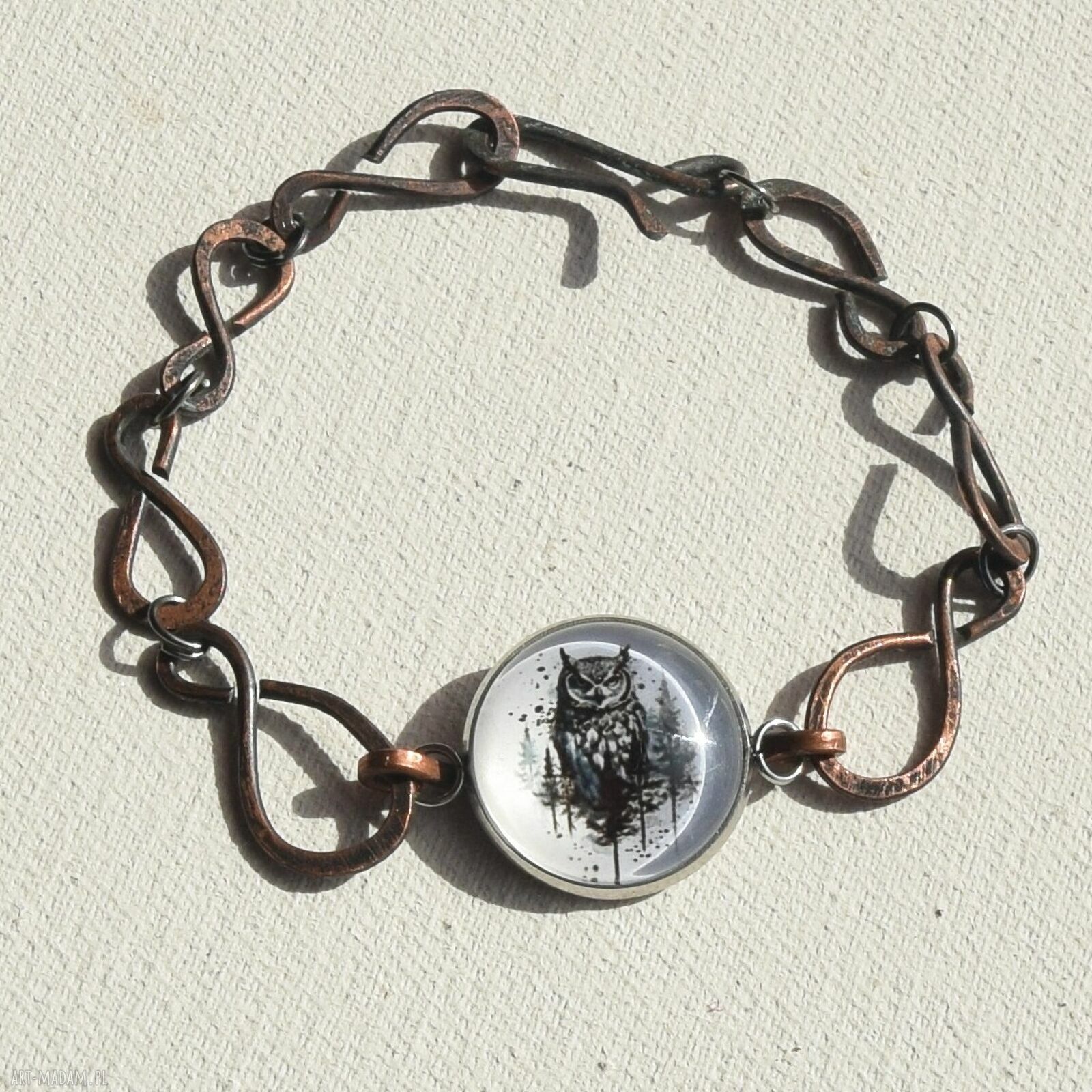 Bransoletka z oksydowanej miedzi z motywem sowy - handmade unikat