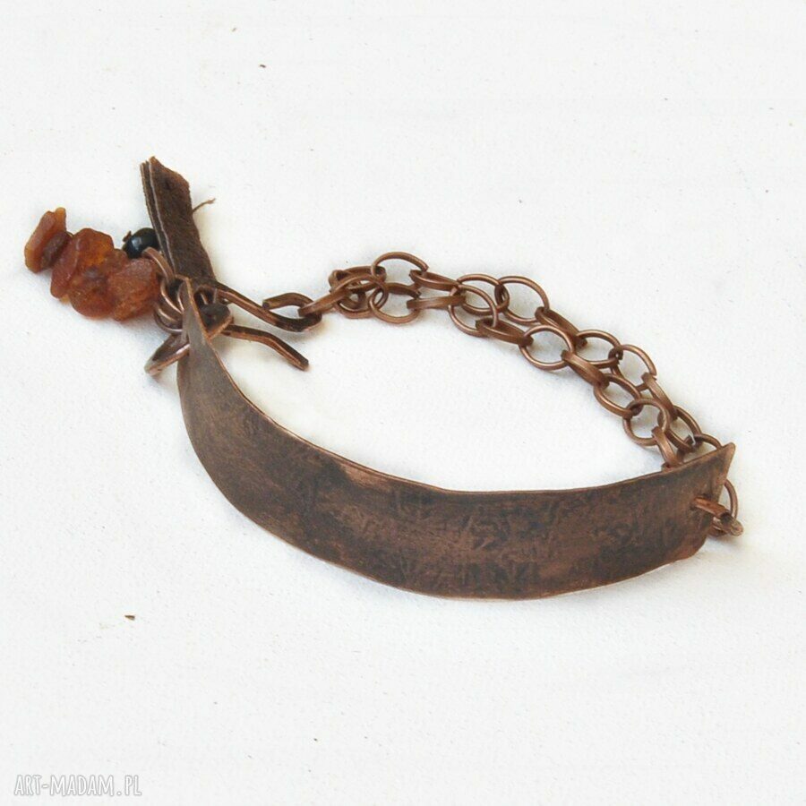 Bransoletka z kutej oksydowanej miedzi, skóry i surowego kamienia - handmade