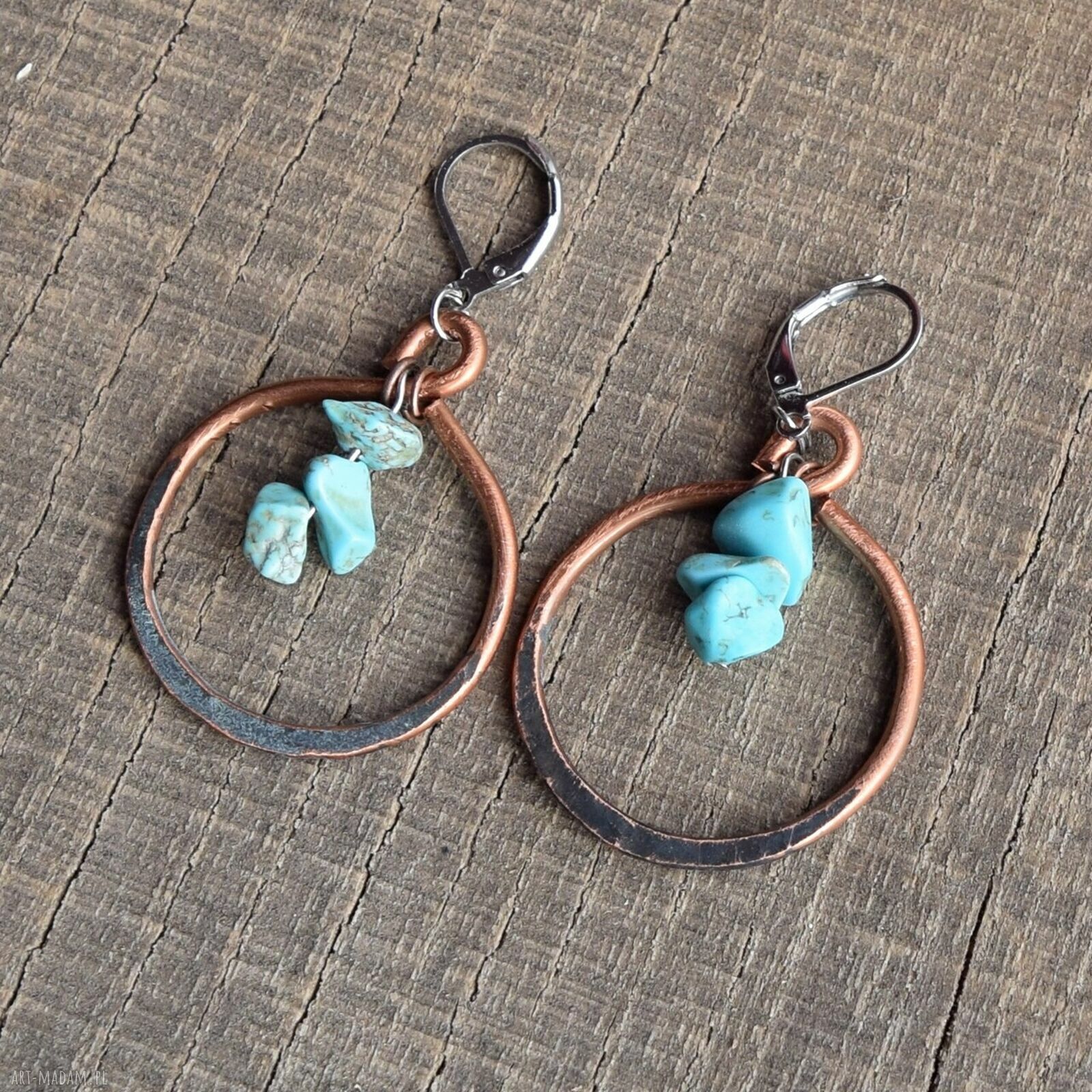 Kolczyki gotyckie z kutej oksydowanej miedzi i turkusem - handmade