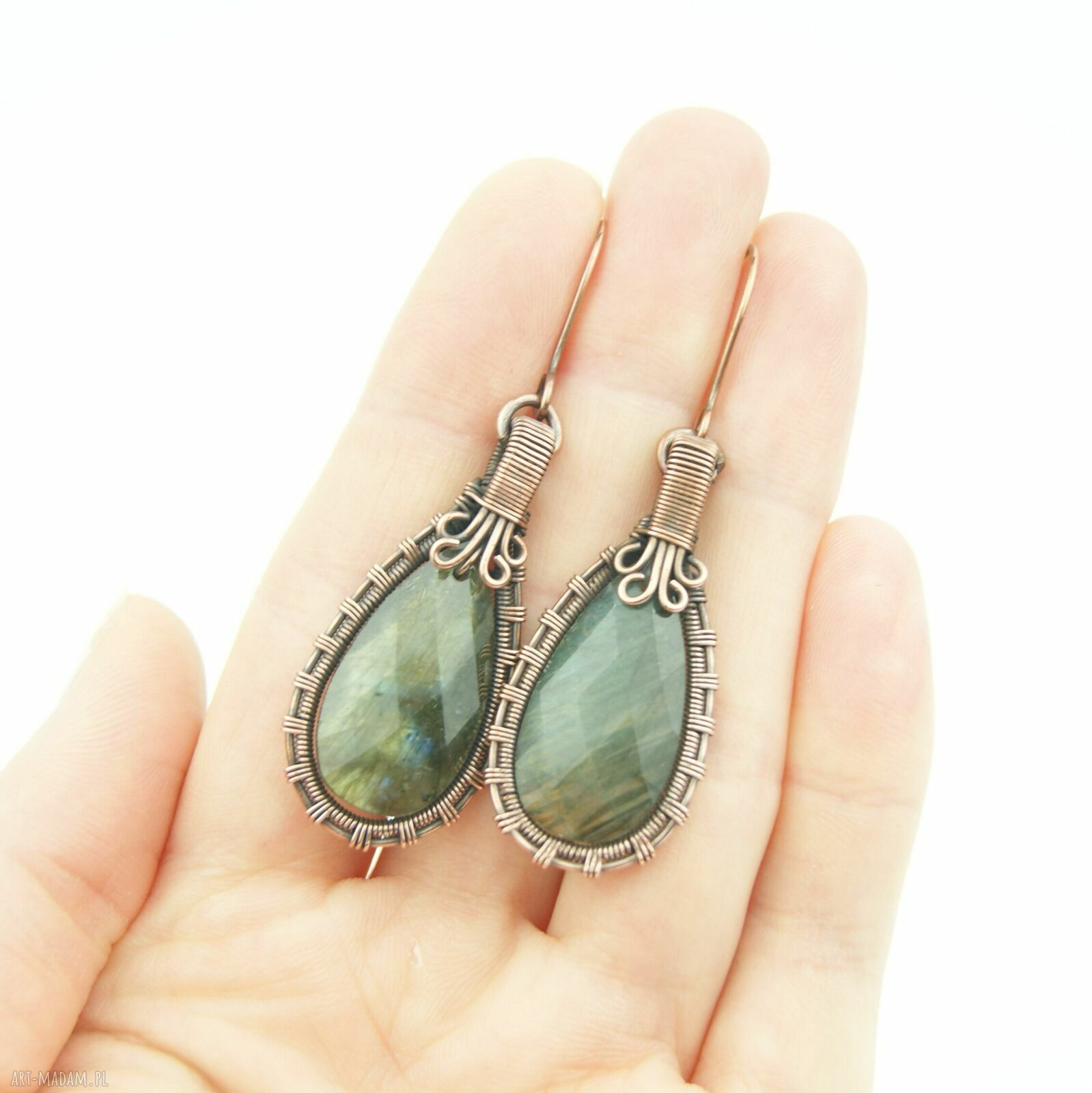 Wiszące kolczyki z labradorytem - miedziane wire wrapping