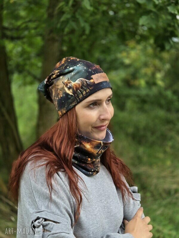 Kolorowa czapka beanie z lisem z bawełny - szara podszewka