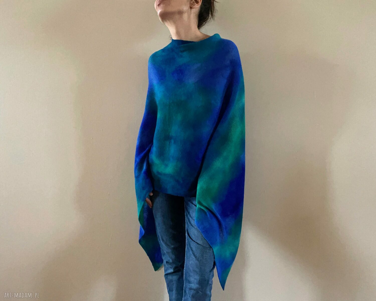 Narzutka z merynosów blue&green - poncho na wiosenne i jesienne chłody