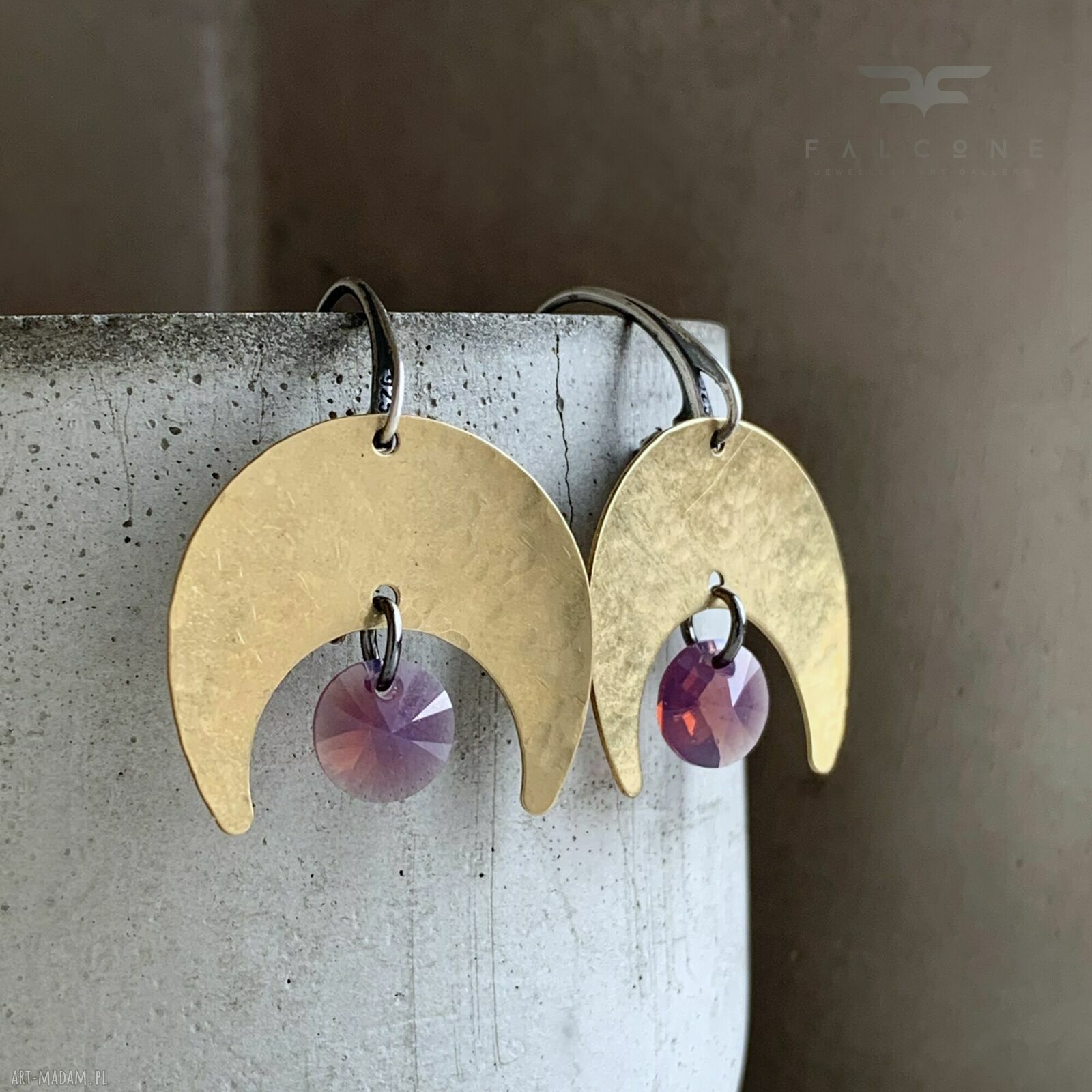 Kolczyki z mosiądzu i kryształami Swarovski Violet Moonlight - księżyce z srebrnymi biglami 925