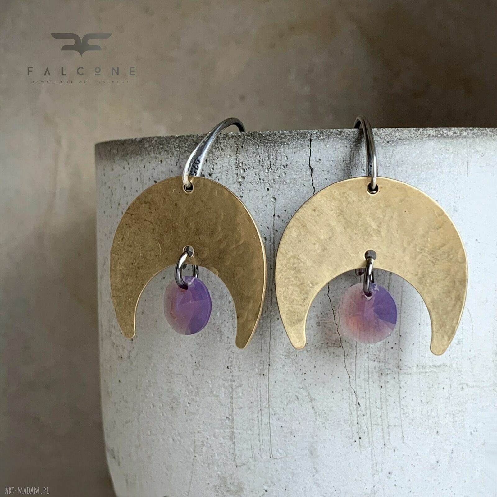 Kolczyki z mosiądzu i kryształami Swarovski Violet Moonlight - księżyce z srebrnymi biglami 925