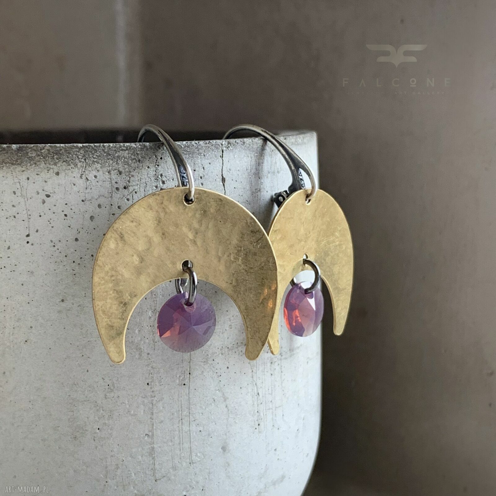 Kolczyki z mosiądzu i kryształami Swarovski Violet Moonlight - księżyce z srebrnymi biglami 925