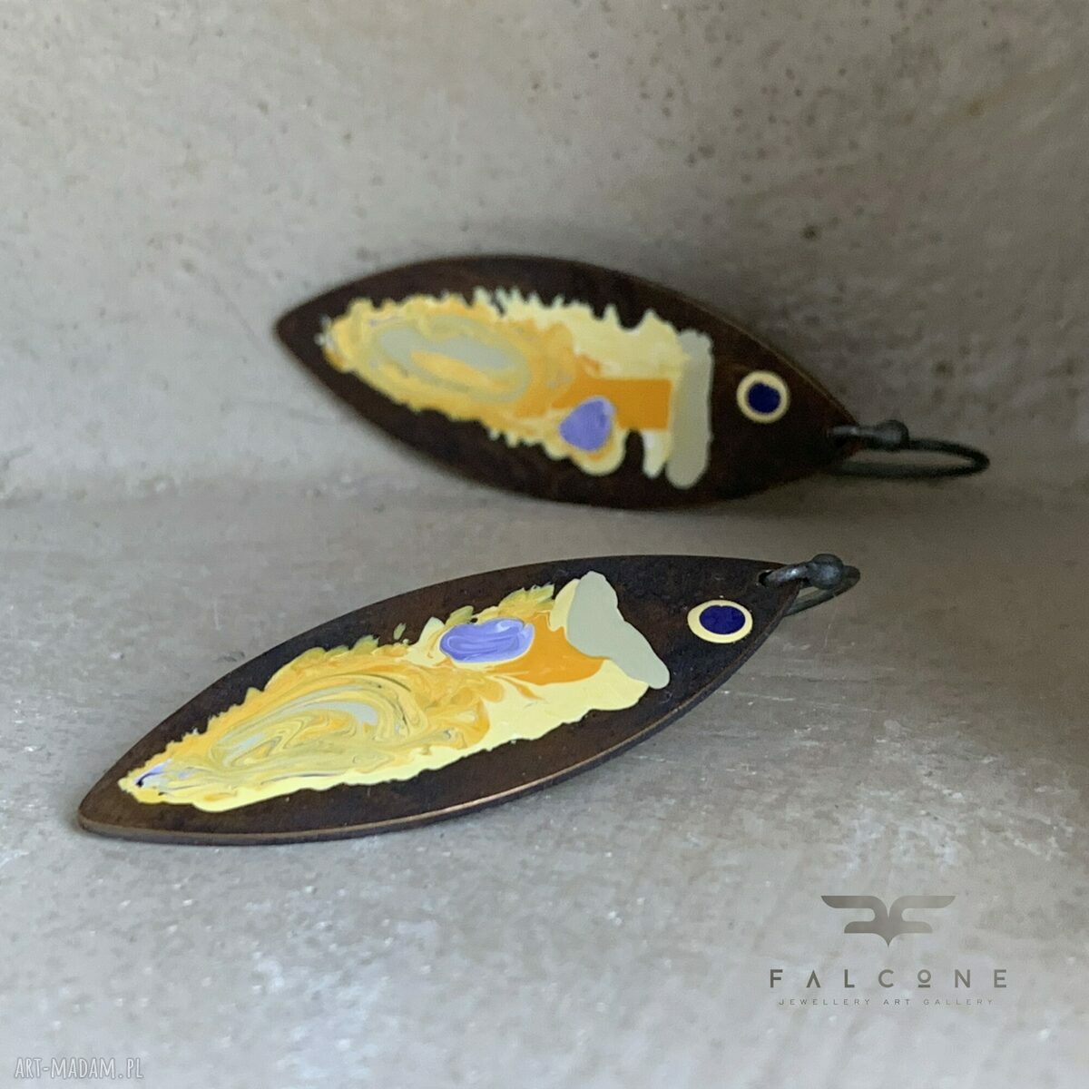 Kolczyki z mosiądzu i srebra Yellow Fish - srebrne bigle 925