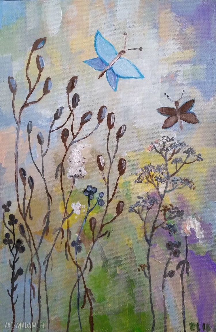 Łąka z niebieskimi motylami - obraz akrylowy 20x30 cm