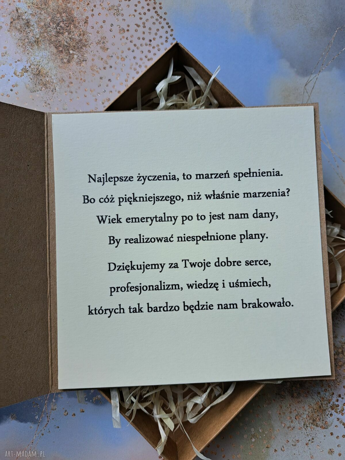 Kartka na emeryturę - ozdobna tekturka i koperta kraft