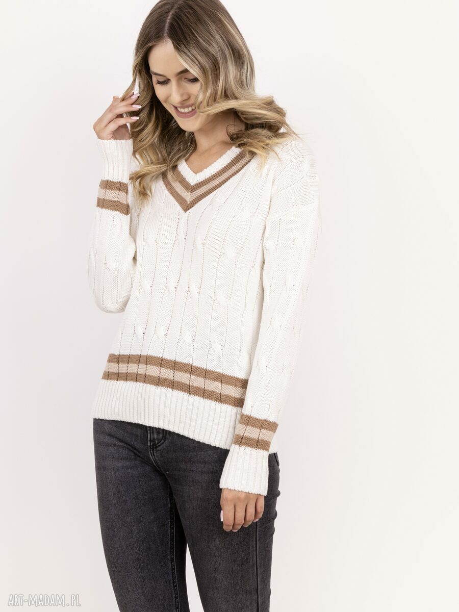 Sweter damski z ozdobnym dekoltem w serek SWE304 ecru/mocca/beż MKM