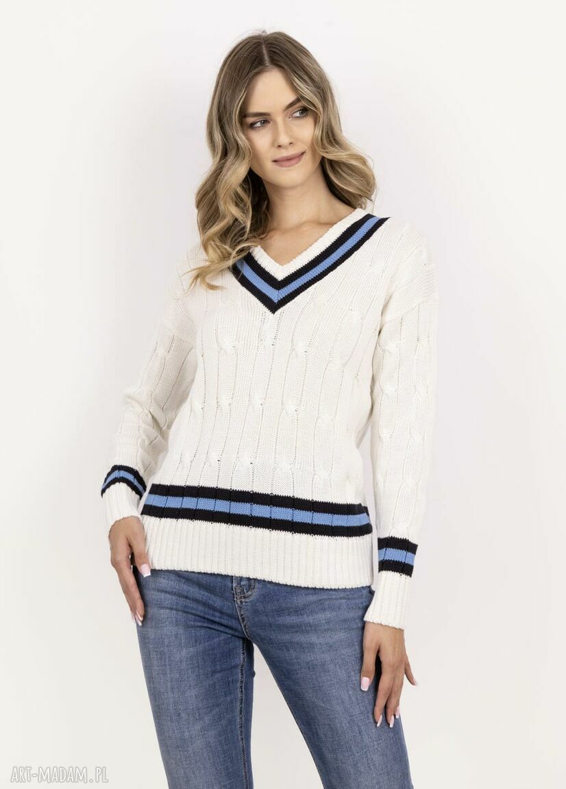Sweter damski SWE304 w kolorach ecru, granat i niebieski - ozdobny dekolt w serek