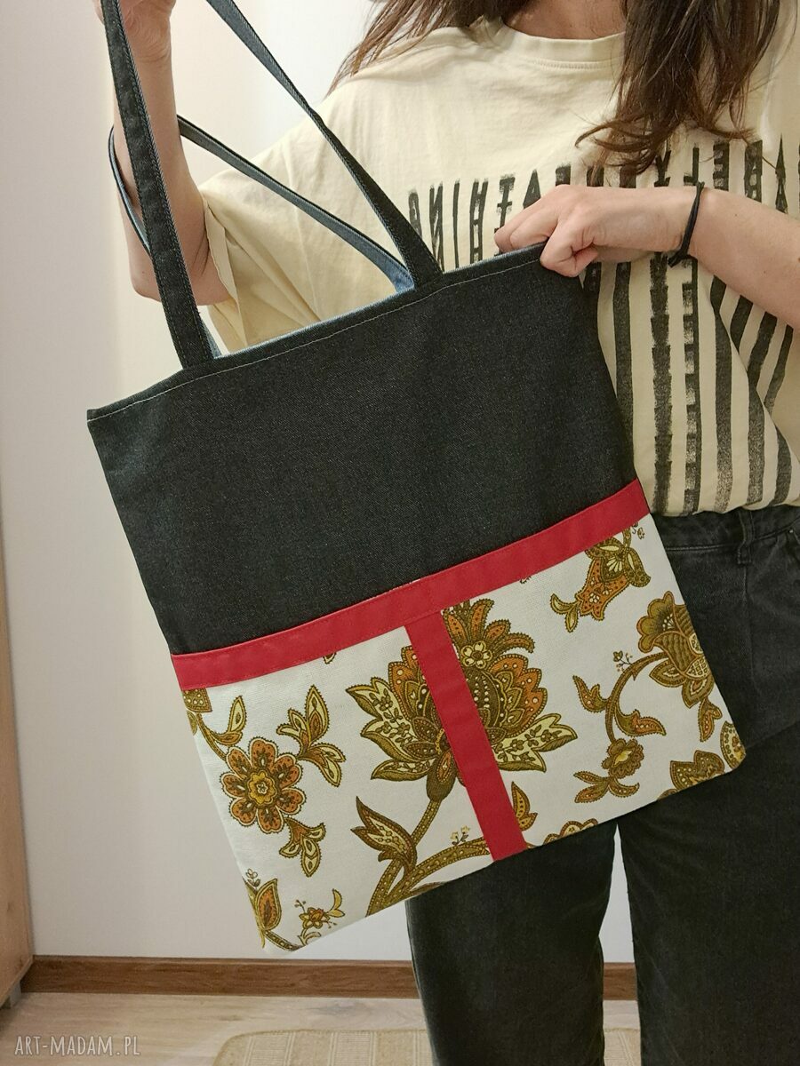 Torba na ramię handmade Bergamota - ozdobne kieszenie w kwiaty vintage i czerwone akcenty
