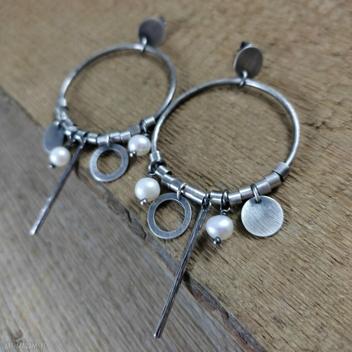 Kolczyki z perłą boho - koła ze srebra 925