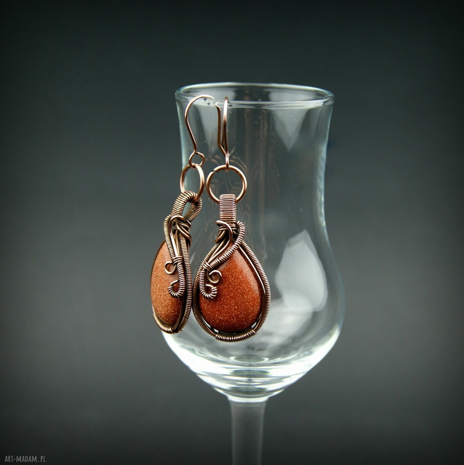 Kolczyki z Piaskiem Pustyni - miedziane wire wrapping, oksydowane