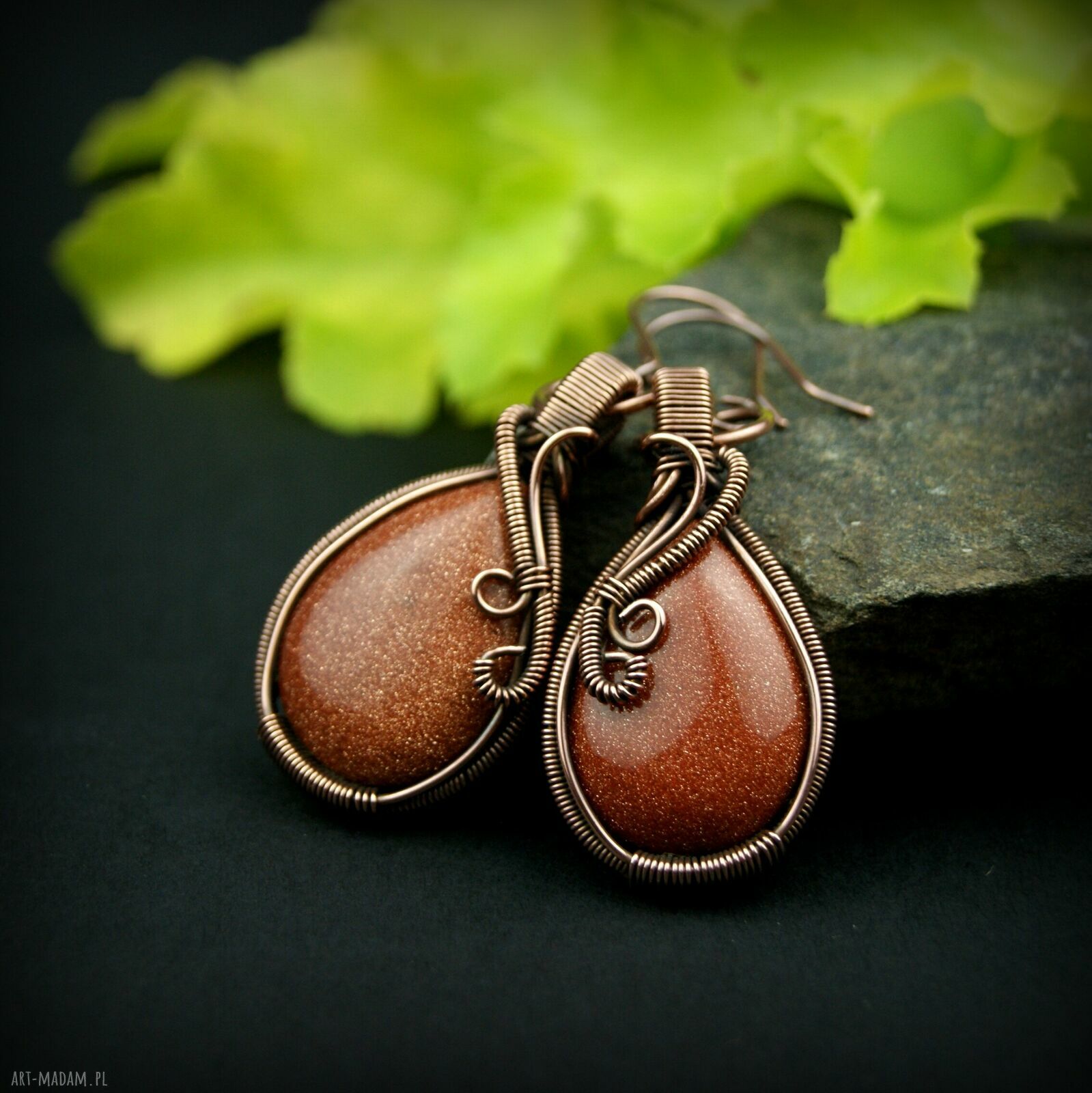 Kolczyki z Piaskiem Pustyni - miedziane wire wrapping, oksydowane