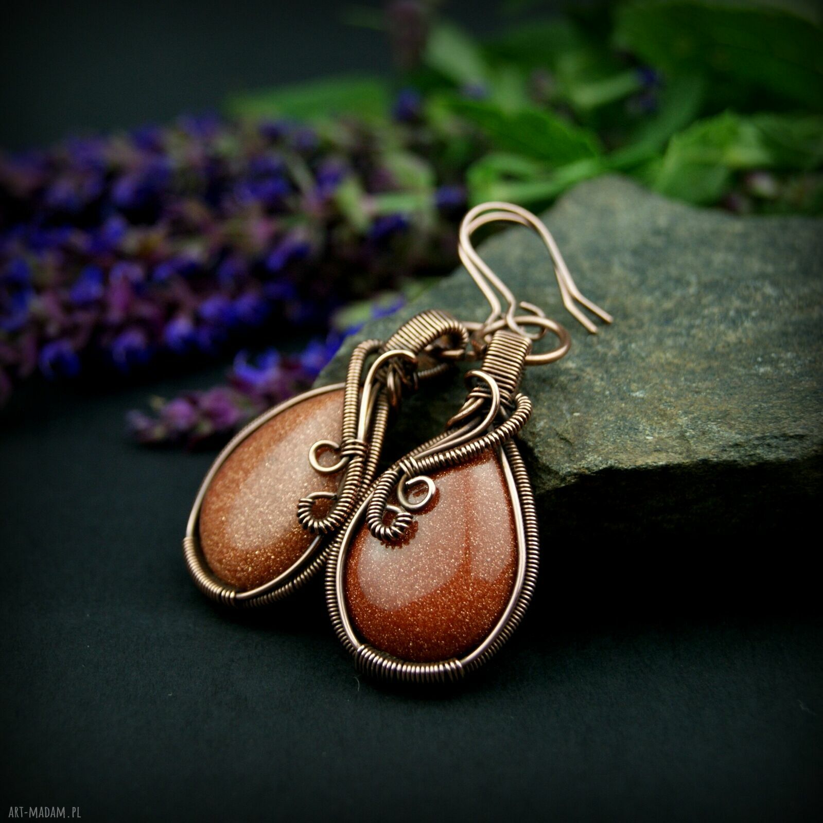 Kolczyki z Piaskiem Pustyni - miedziane wire wrapping, oksydowane