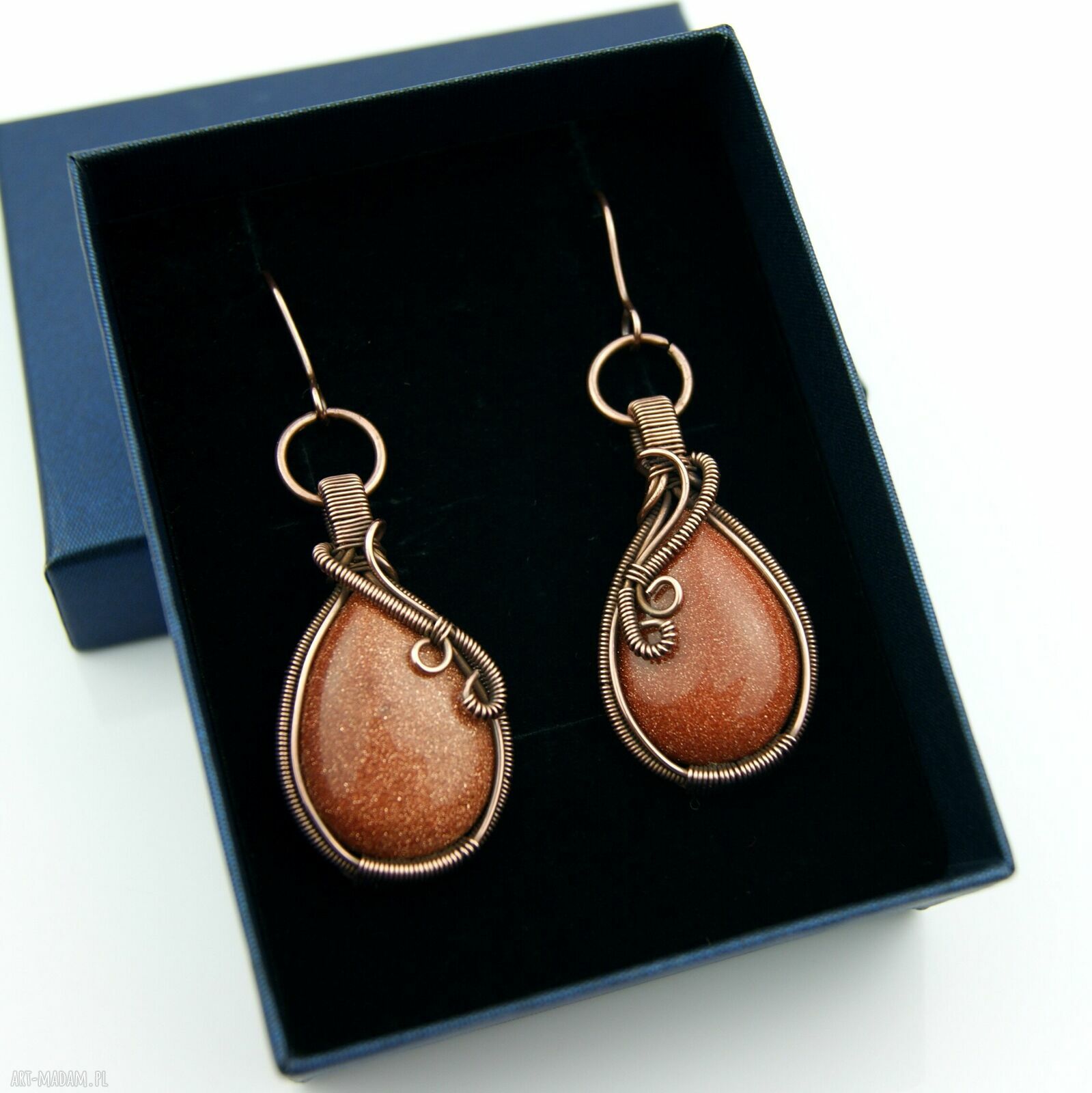 Kolczyki z Piaskiem Pustyni - miedziane wire wrapping, oksydowane