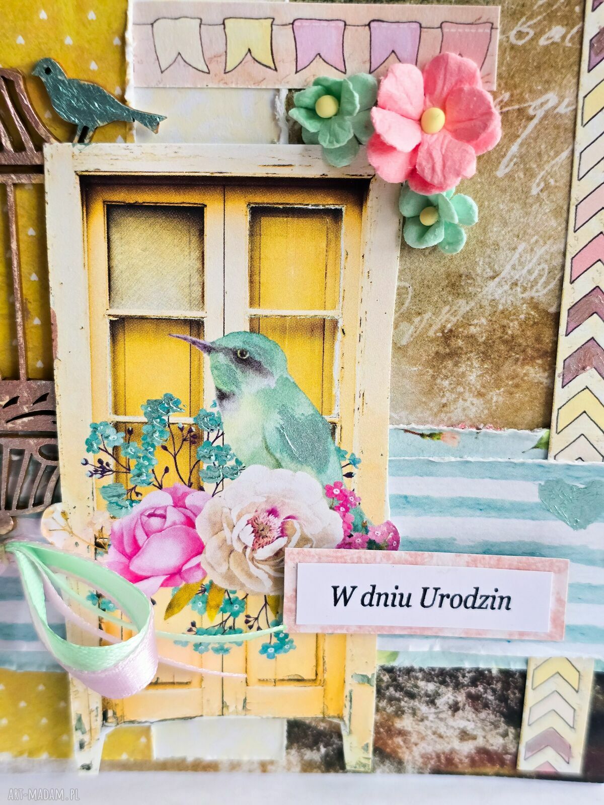 Kartka urodzinowa z ptaszkiem w stylu boho - W dniu Urodzin