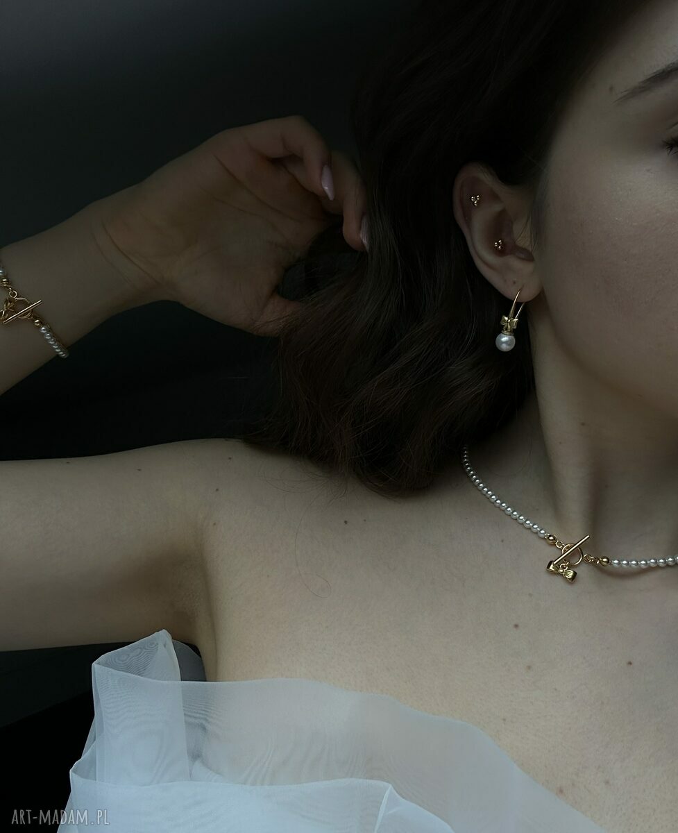 Kolczyki z różowego złota z kokardkami i perłami SWAROVSKI CRYSTAL