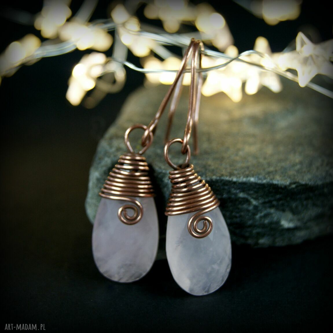 Kolczyki z różowym kwarcem - ręczne wire wrapping, ok. 5 cm