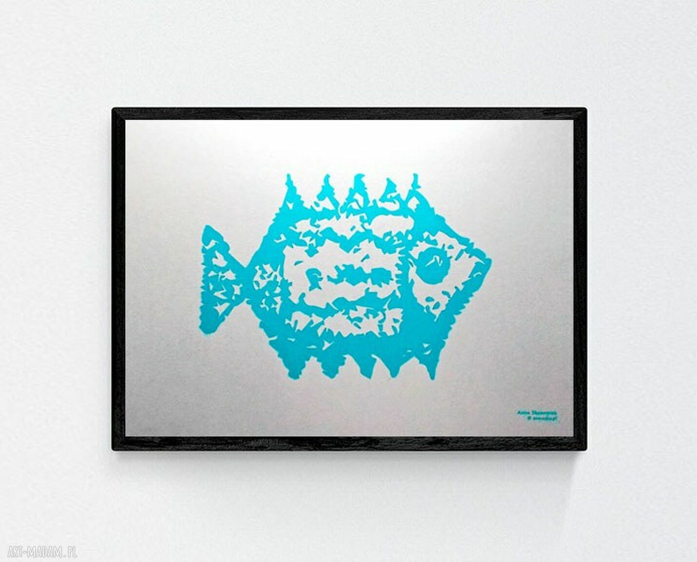 Minimalistyczny plakat z rybką w srebrno-turkusowej tonacji - 21x30 cm