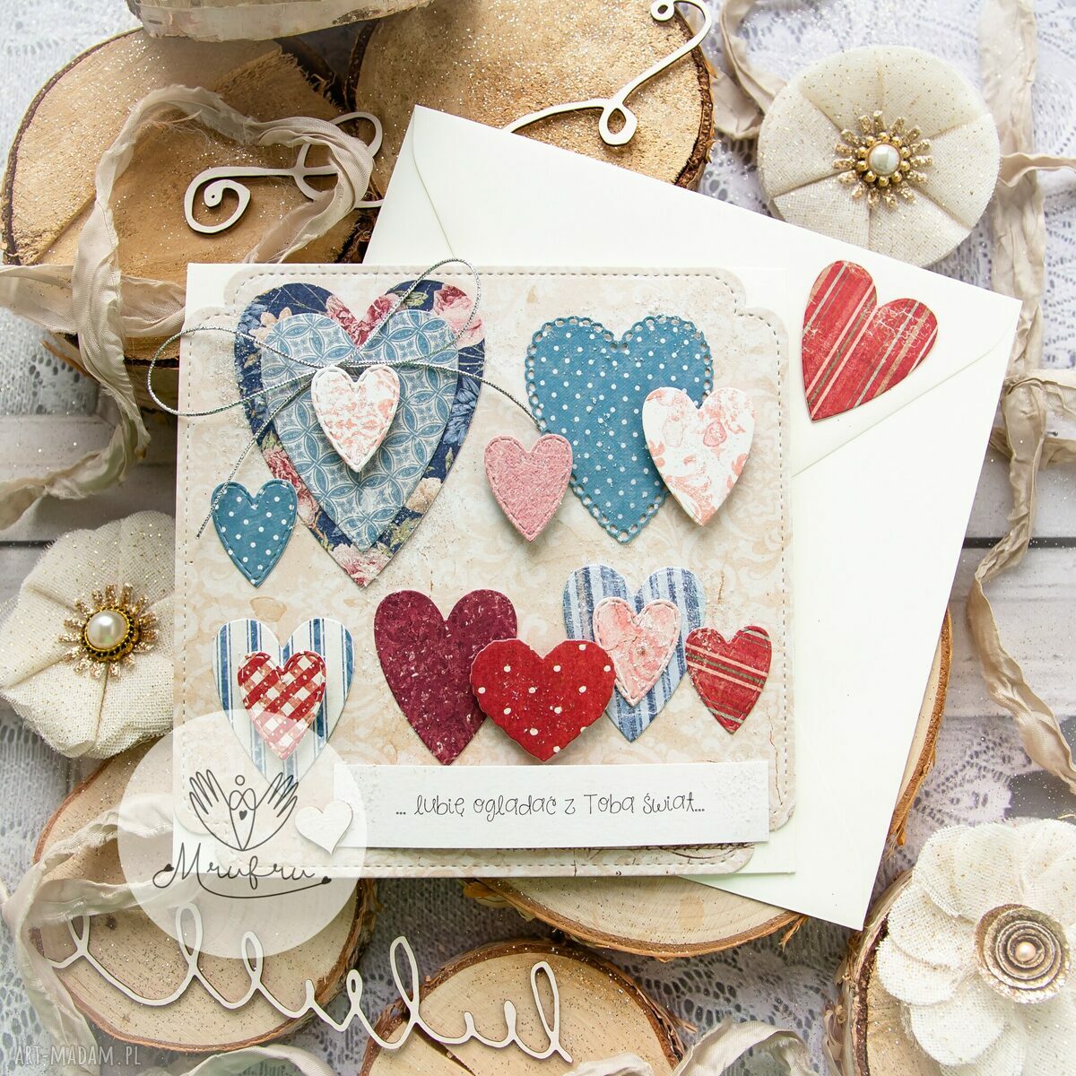 Kartka sercami przestrzenna miłosna walentynki imieninowa