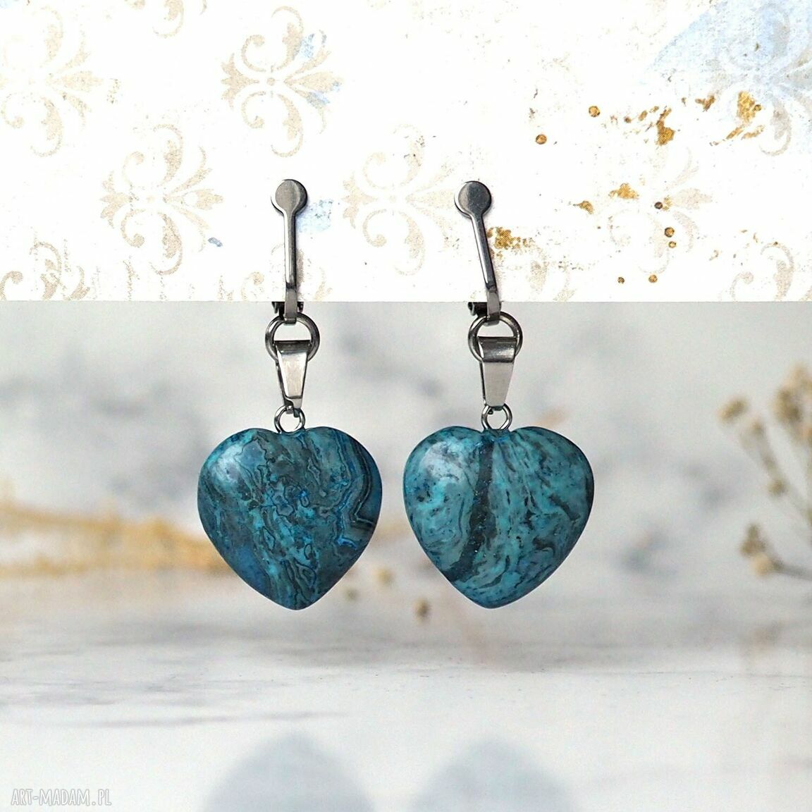 Klipsy Serduszka z blue crazy agate - kamień naturalny