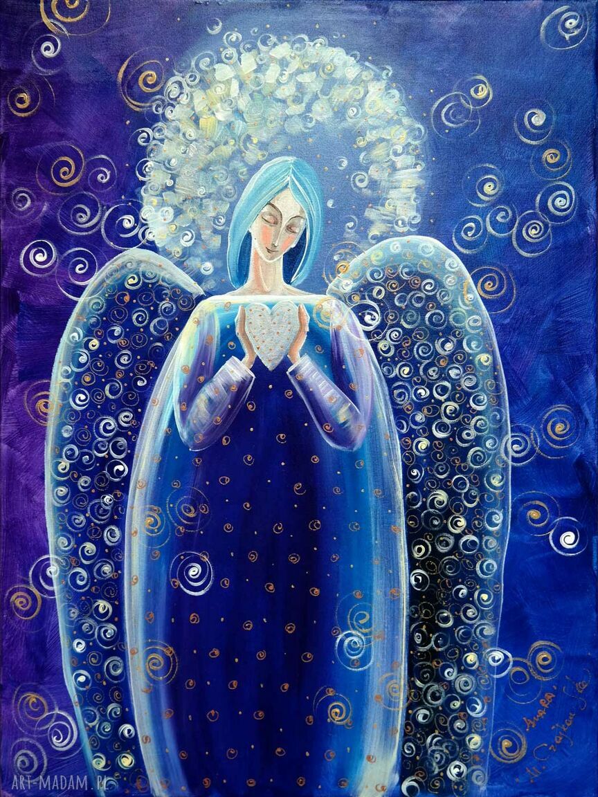 Anioł z serduszkiem - niebieski obraz giclee na płótnie