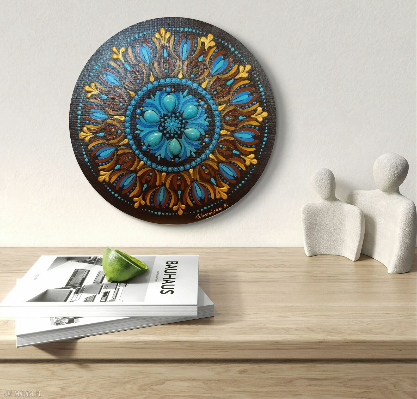 Mandala z turkusami 30 cm - obraz ręcznie malowany