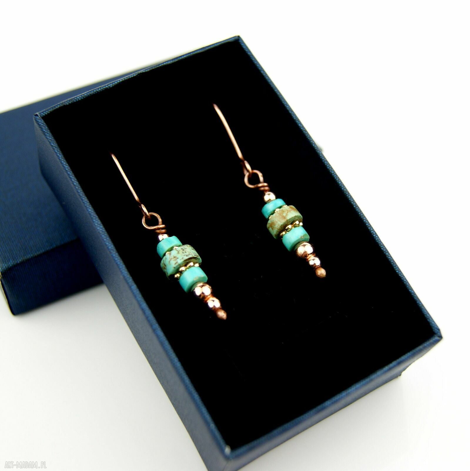 Turkusowe kolczyki z miedzią i hematytem - ręcznie robione wire wrapping