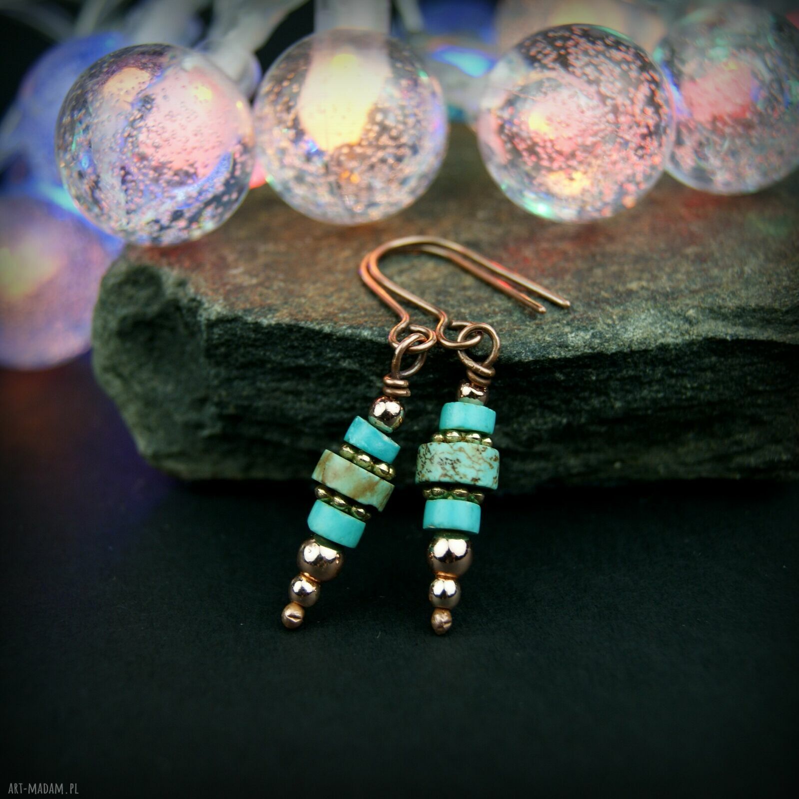 Turkusowe kolczyki z miedzią i hematytem - ręcznie robione wire wrapping