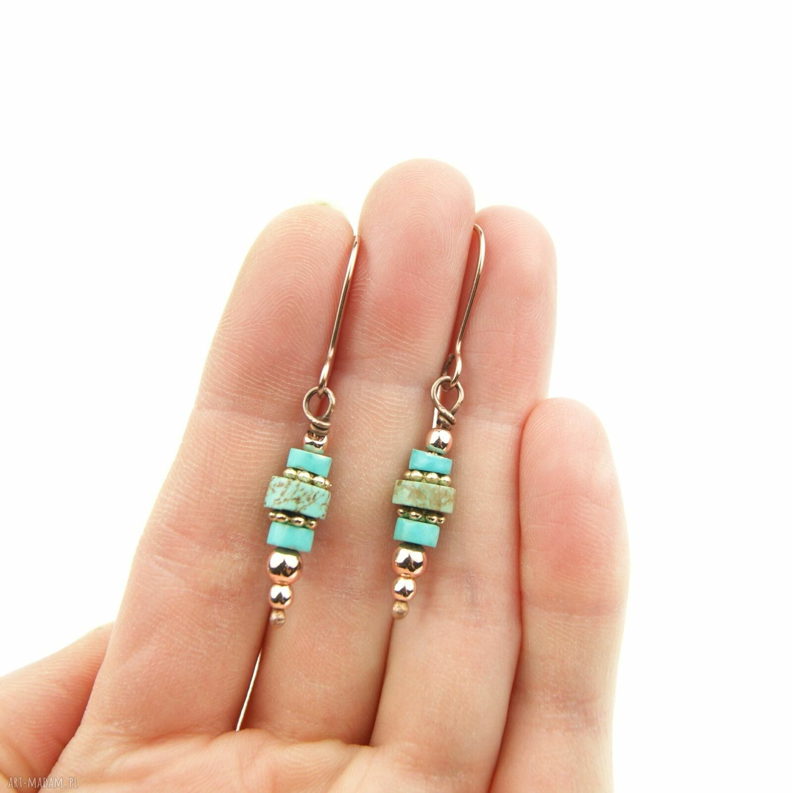 Turkusowe kolczyki z miedzią i hematytem - ręcznie robione wire wrapping