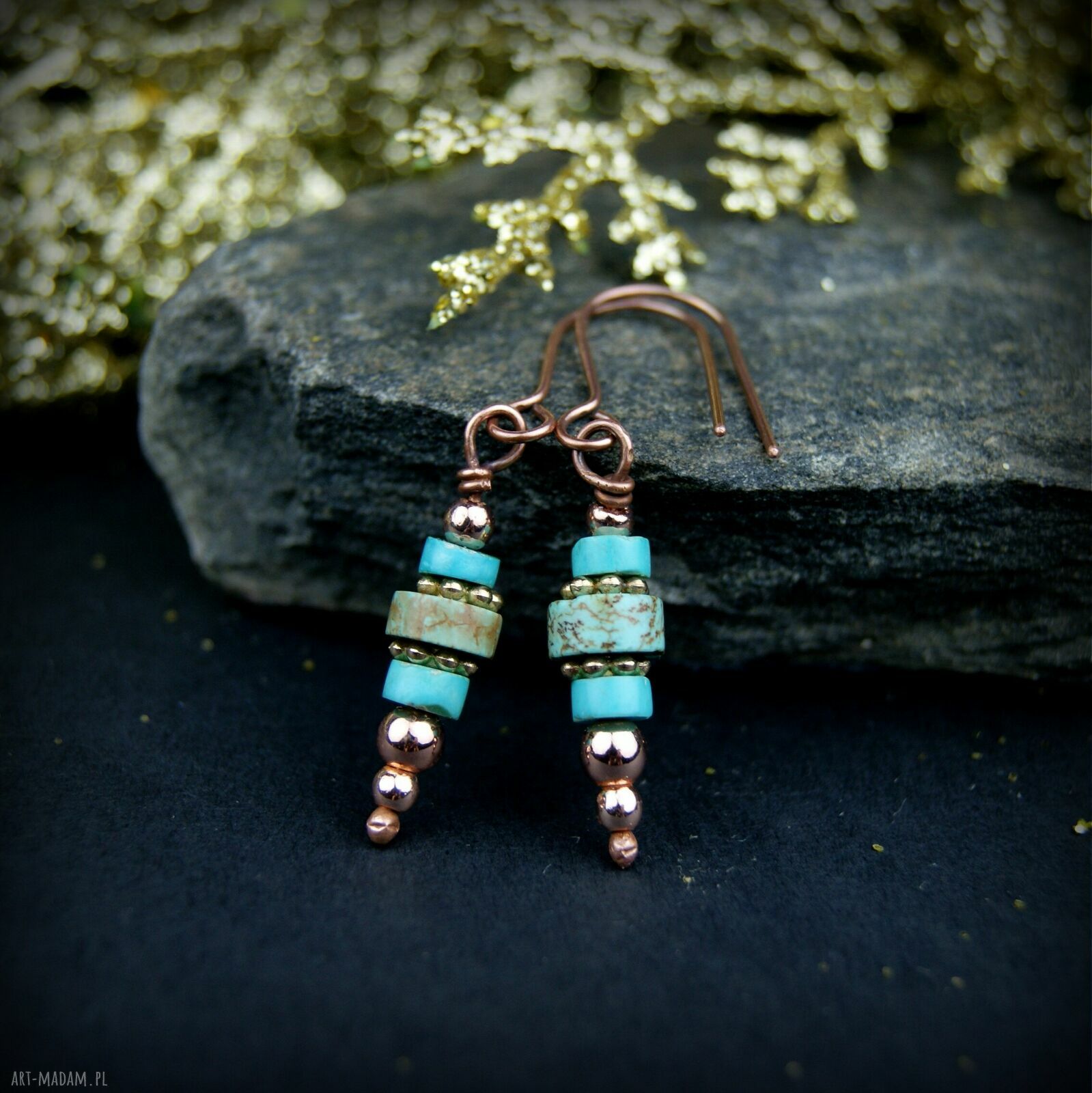 Turkusowe kolczyki z miedzią i hematytem - ręcznie robione wire wrapping