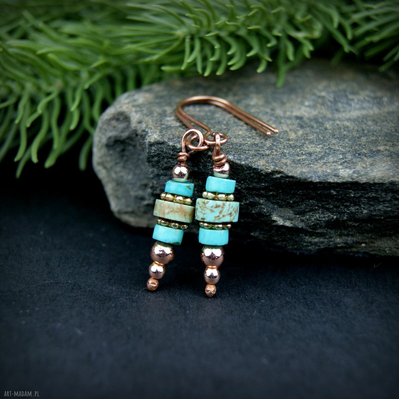 Turkusowe kolczyki z miedzią i hematytem - ręcznie robione wire wrapping