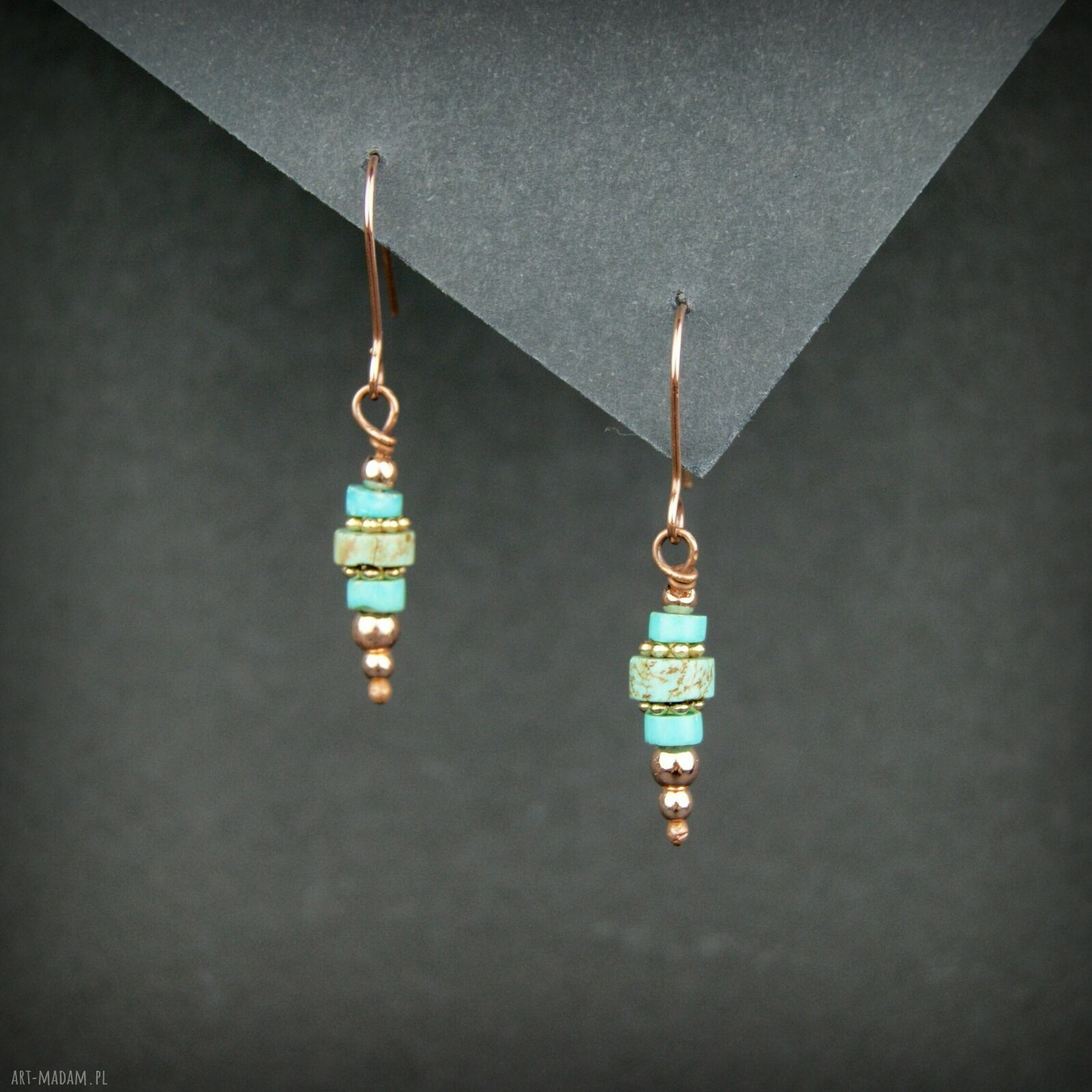 Turkusowe kolczyki z miedzią i hematytem - ręcznie robione wire wrapping
